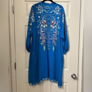 Johnny Was Turquoise Blue Embroidered Floral Tunic Dress